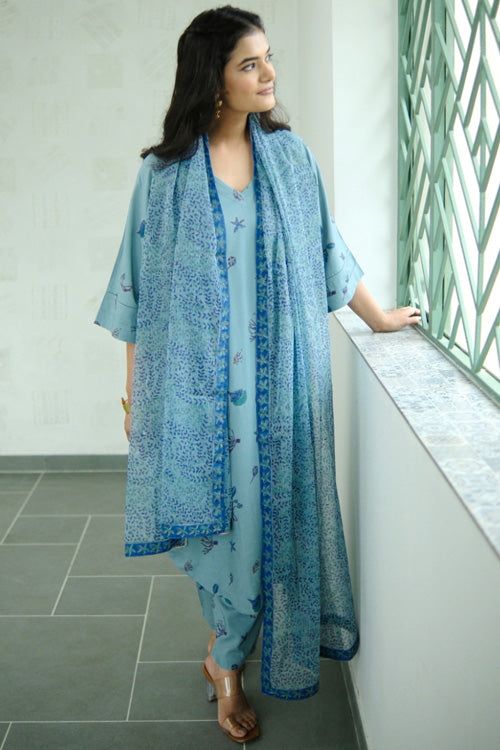 Dharan Hand Block Print "Teal Aura Suit Set"