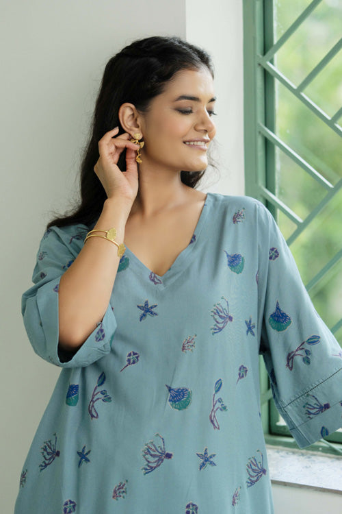Dharan Hand Block Print "Teal Aura Suit Set"