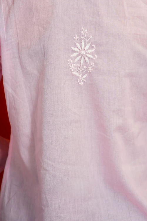 Shwet Women Hand Embroidered "Pastel Poise" Pink Mulmul Short Top