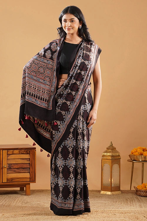 TENAARO Medallion Black Ajrakh Hand Block Printed Modal Silk Saree