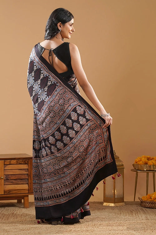 TENAARO Medallion Black Ajrakh Hand Block Printed Modal Silk Saree