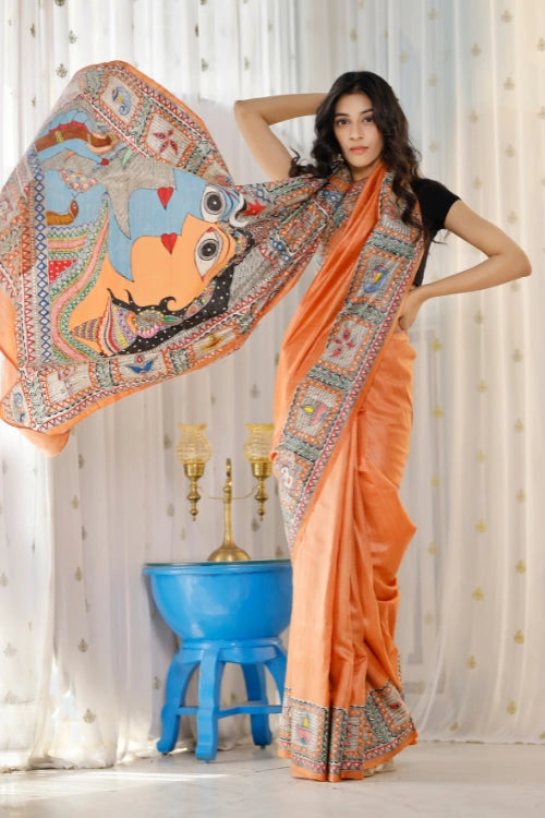 Diorama Designs Madhubani Hand-painted Shiv Parvati Silk Saree