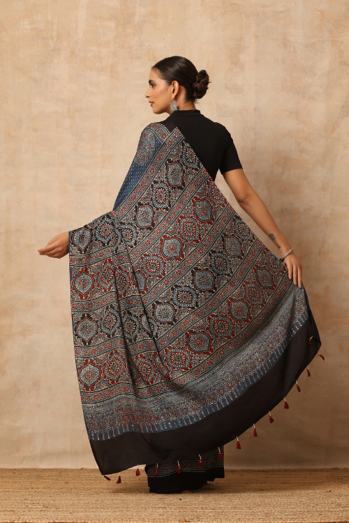 Tenaaro Ajrakh Hand Block Printed Modal Satin Saree (Indigo Blue-14)