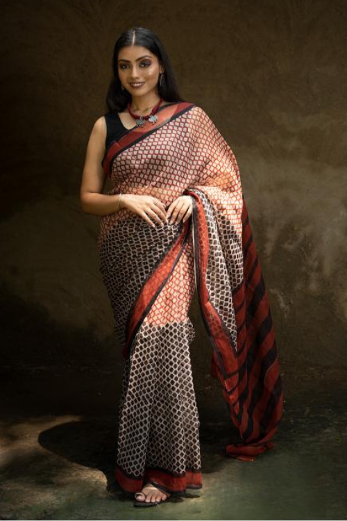 TICH Classic Appeal. Bagru Hand Block Printed Kota Doria Saree - Honeycomb