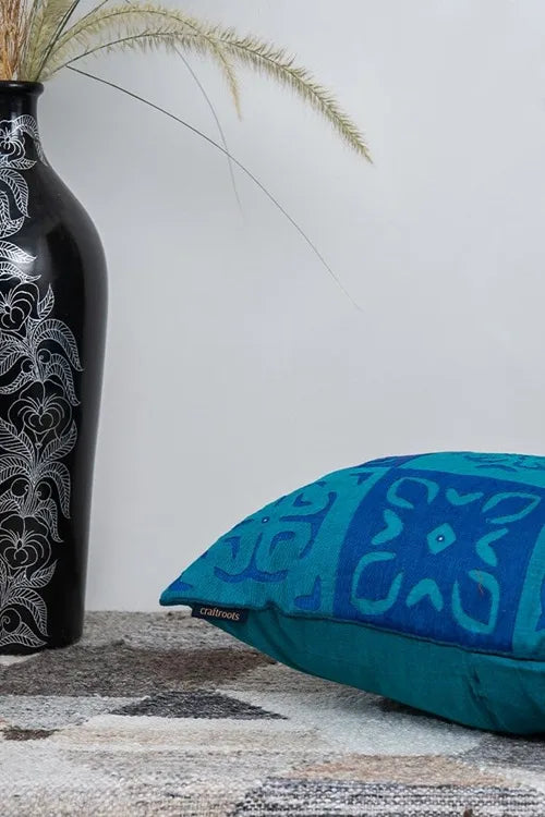 Craftroots Mustard & Blue Applique Patchwork Cushion Cover Set Of 2