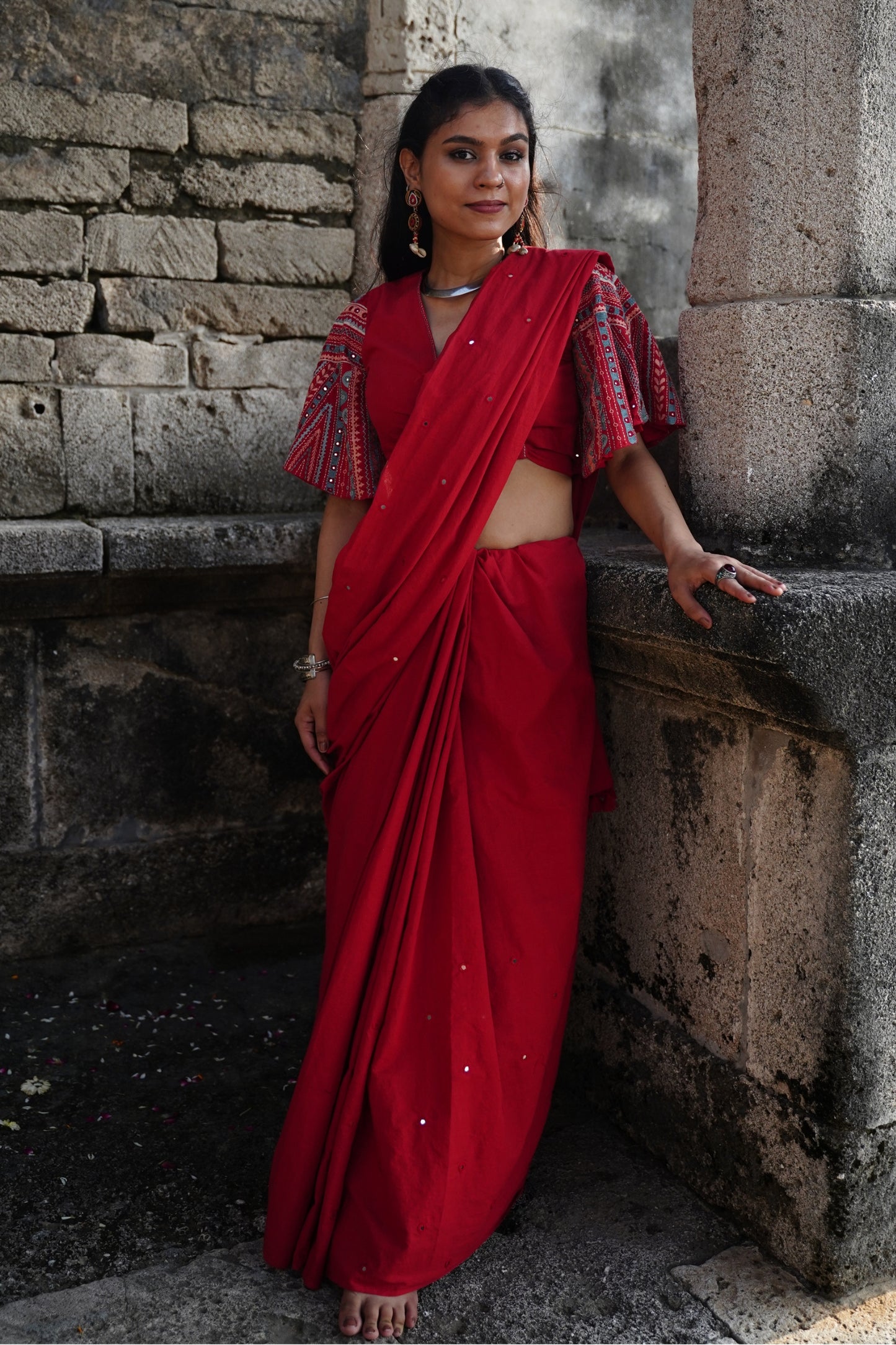 Okhai 'Embrace' Hand Embroidered Mirror Work Cotton Saree