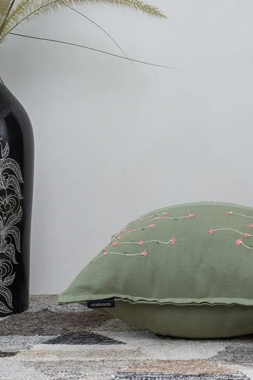 Craftroots Peach & Mint Daisy Hand Block Print Cushion Cover Set Of 2