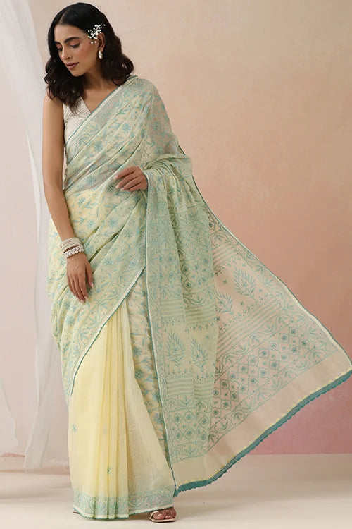 Shwet Women Yellow & Teal Hand Embroidered Kota Cotton Chikankari Saree