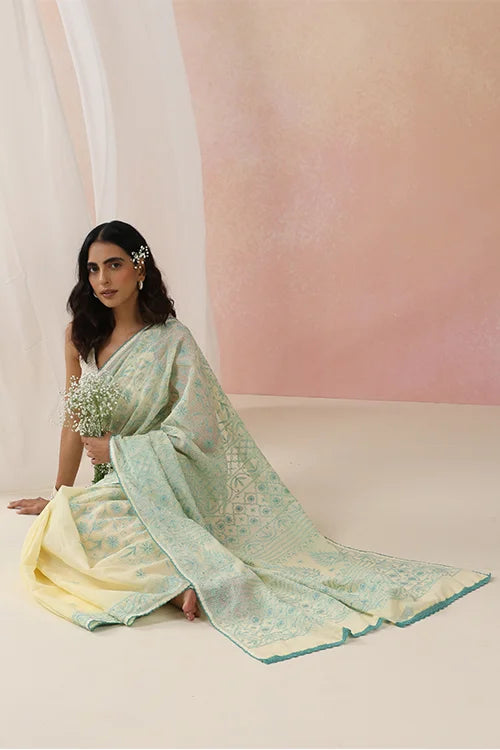 Shwet Women Yellow & Teal Hand Embroidered Kota Cotton Chikankari Saree