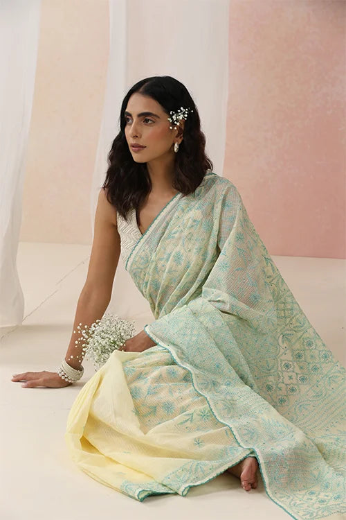 Shwet Women Yellow & Teal Hand Embroidered Kota Cotton Chikankari Saree