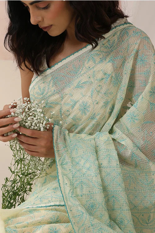 Shwet Women Yellow & Teal Hand Embroidered Kota Cotton Chikankari Saree