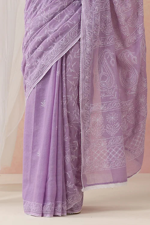 Shwet Women Hand Embroidered Purple Kota Cotton Chikankari Saree