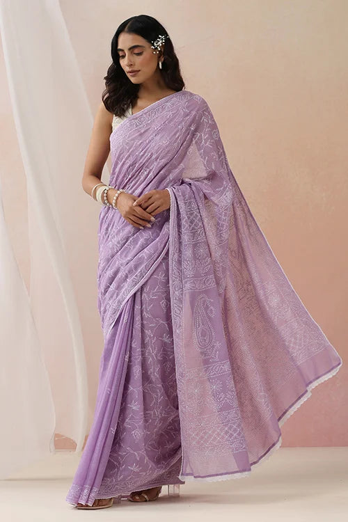 Shwet Women Hand Embroidered Purple Kota Cotton Chikankari Saree