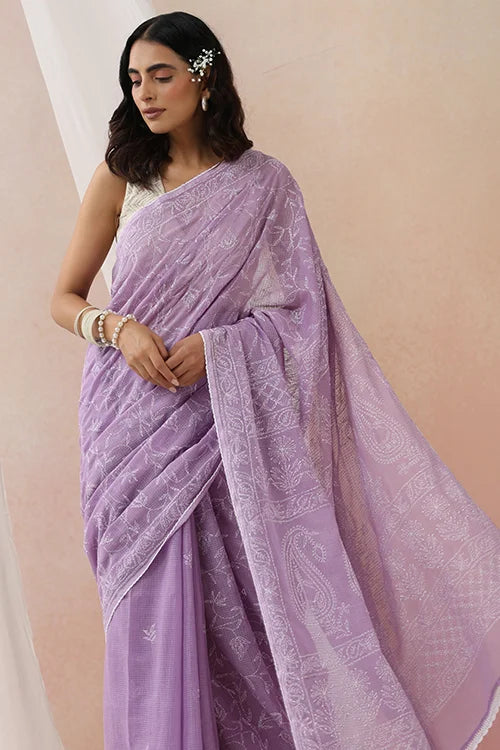 Shwet Women Hand Embroidered Purple Kota Cotton Chikankari Saree