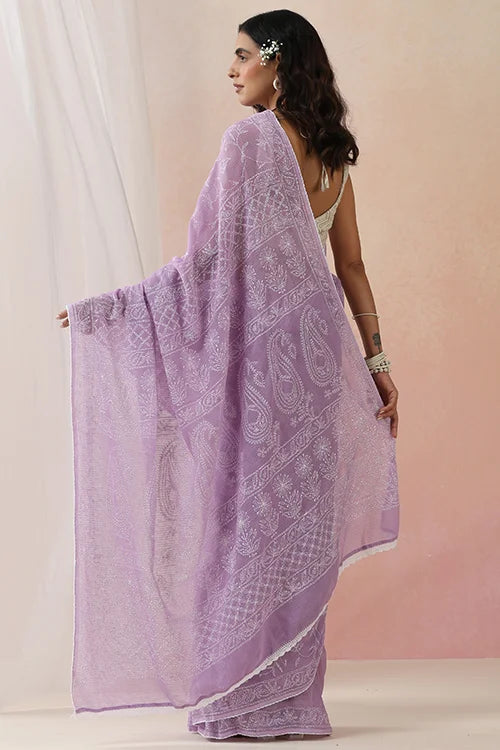 Shwet Women Hand Embroidered Purple Kota Cotton Chikankari Saree