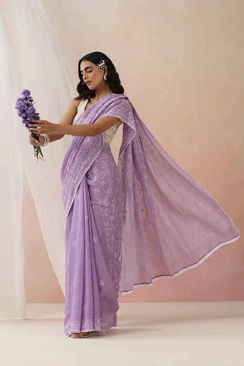 Shwet Women Hand Embroidered Purple Kota Cotton Chikankari Saree