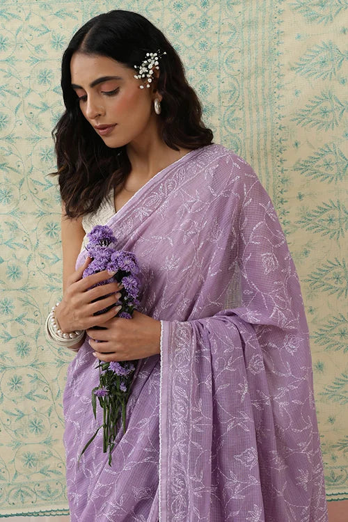 Shwet Women Hand Embroidered Purple Kota Cotton Chikankari Saree