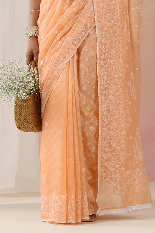 Shwet Women Hand Embroidered Peach Kota Cotton Chikankari Saree