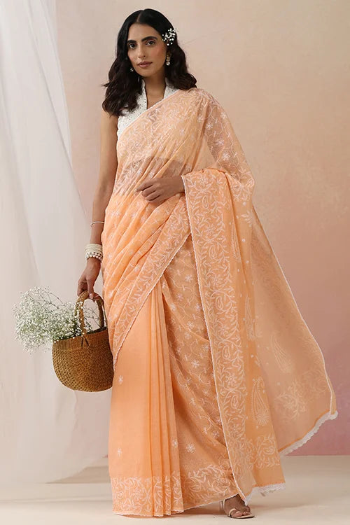 Shwet Women Hand Embroidered Peach Kota Cotton Chikankari Saree