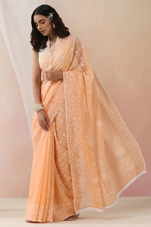 Shwet Women Hand Embroidered Peach Kota Cotton Chikankari Saree