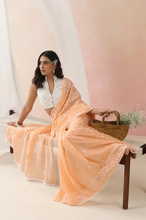 Shwet Women Hand Embroidered Peach Kota Cotton Chikankari Saree