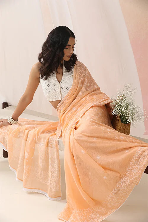 Shwet Women Hand Embroidered Peach Kota Cotton Chikankari Saree
