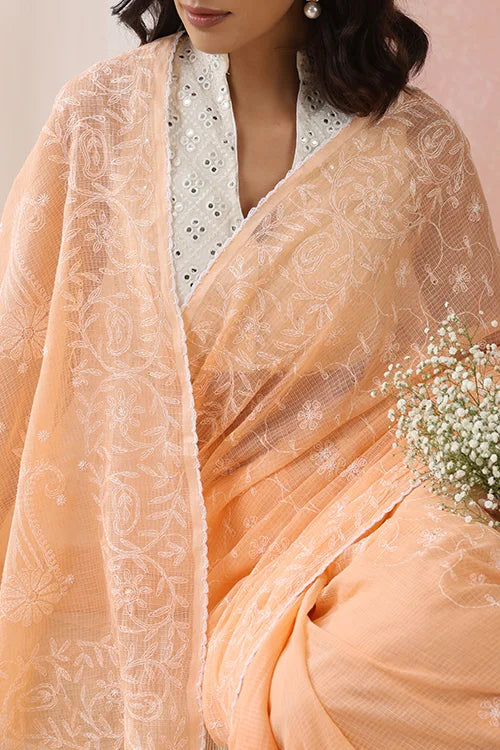 Shwet Women Hand Embroidered Peach Kota Cotton Chikankari Saree