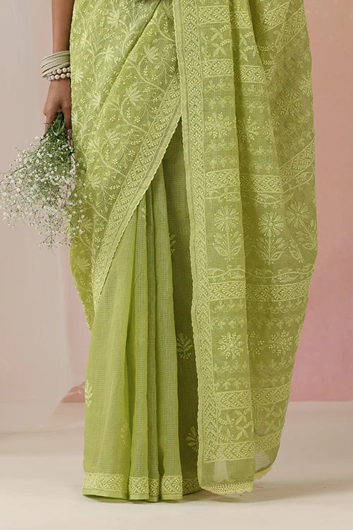 Shwet Women Hand Embroidered Green Kota Cotton Chiknakari Saree