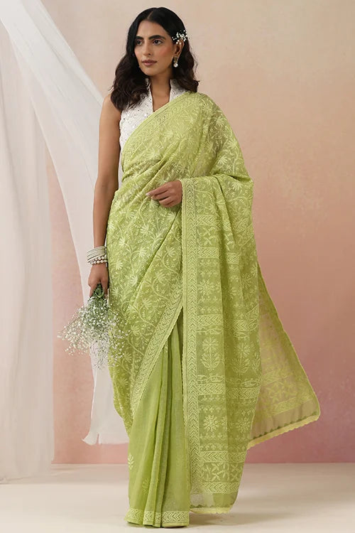 Shwet Women Hand Embroidered Green Kota Cotton Chiknakari Saree