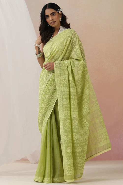 Shwet Women Hand Embroidered Green Kota Cotton Chiknakari Saree