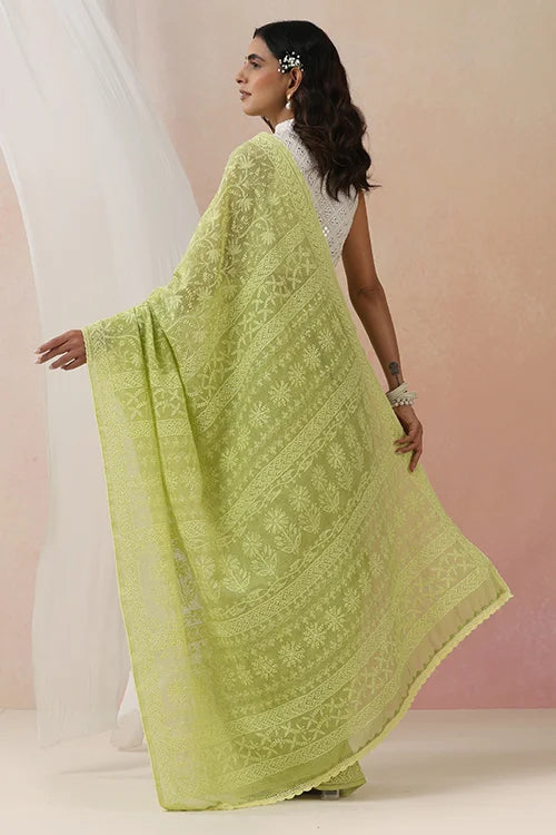 Shwet Women Hand Embroidered Green Kota Cotton Chiknakari Saree