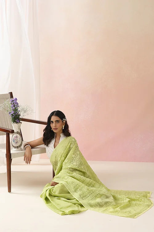 Shwet Women Hand Embroidered Green Kota Cotton Chiknakari Saree