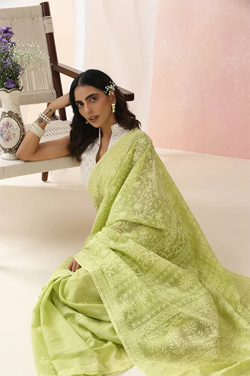 Shwet Women Hand Embroidered Green Kota Cotton Chiknakari Saree