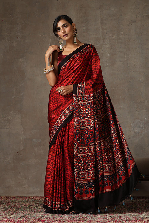 TENAARO Ajrakh Hand Block Printed Modal Satin Saree