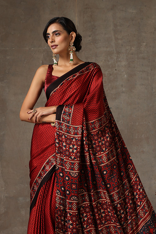 TENAARO Ajrakh Hand Block Printed Modal Satin Saree