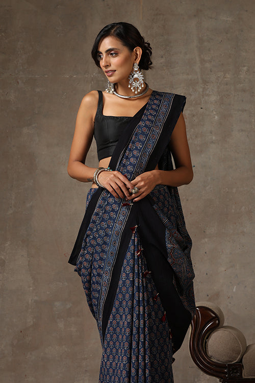 TENAARO Ajrakh Hand Block Printed Mul Cotton Saree