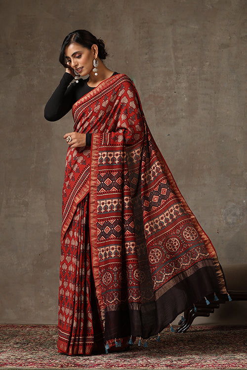 TENAARO Ajrakh Hand Block Printed Chanderi silk with maheshvari border Saree