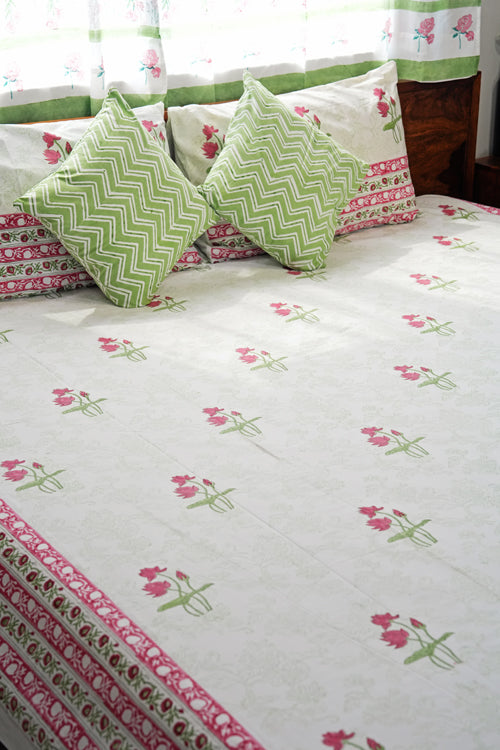 Sooti Syahi Rosy Meadow Hand Block Printed Cotton Percale Bedsheet