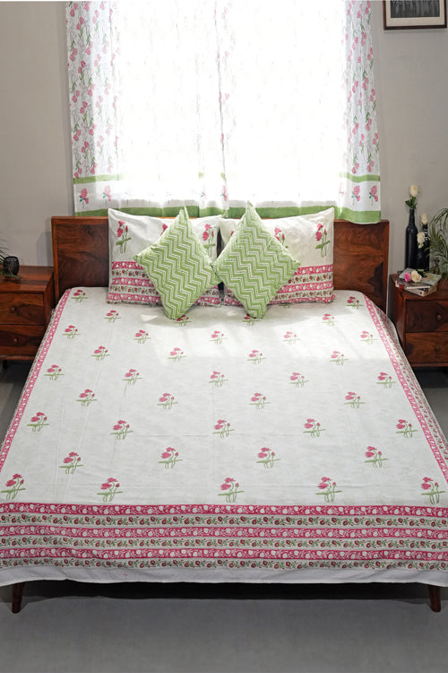 Sooti Syahi Rosy Meadow Hand Block Printed Cotton Percale Bedsheet