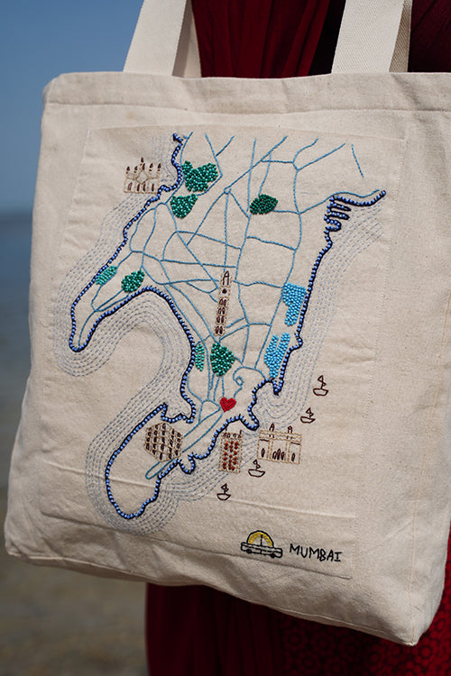 Okhai "Mumbai" Hand-Embroidered Pure Cotton Tote Bag