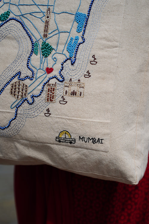 Okhai "Mumbai" Hand-Embroidered Pure Cotton Tote Bag