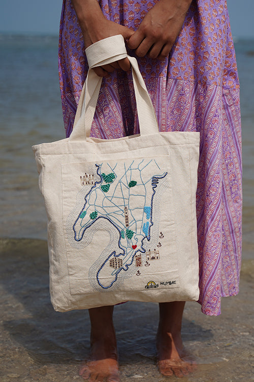Okhai "Mumbai" Hand-Embroidered Pure Cotton Tote Bag