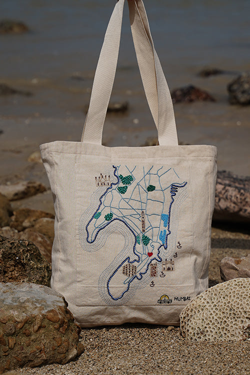 Okhai "Mumbai" Hand-Embroidered Pure Cotton Tote Bag