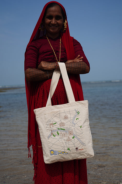 Okhai "Paris" Hand-Embroidered Pure Cotton Tote Bag