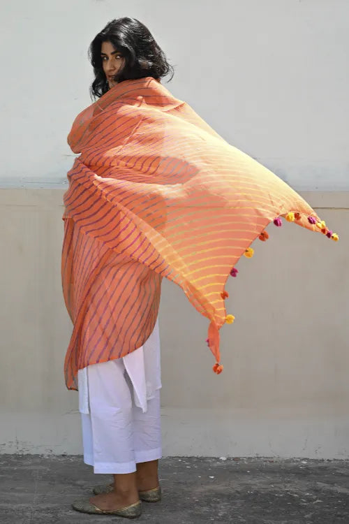 The ICH Soft Lehariya Kota Doria Cotton Dupatta - Coral Sunset