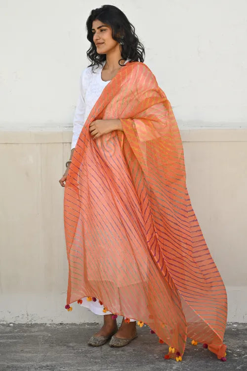The ICH Soft Lehariya Kota Doria Cotton Dupatta - Coral Sunset