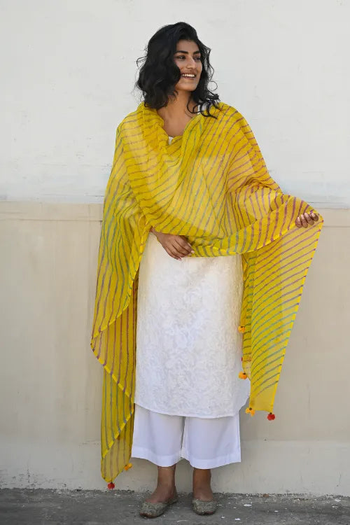 The ICH Soft Lehariya Kota Doria Cotton Dupatta - Sunshine Yellow