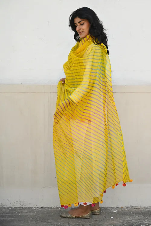 The ICH Soft Lehariya Kota Doria Cotton Dupatta - Sunshine Yellow
