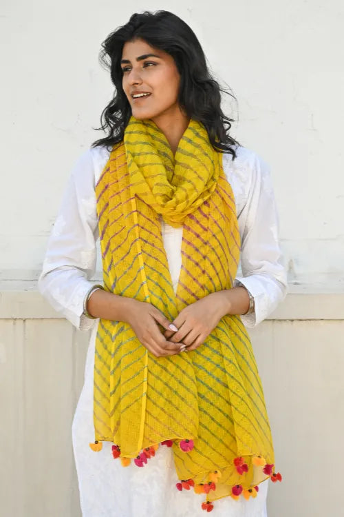 The ICH Soft Lehariya Kota Doria Cotton Dupatta - Sunshine Yellow