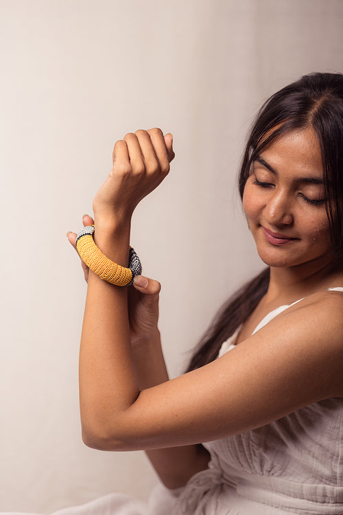 Samoolam Rangat Mustard Silver Chunky Bangle (Set Of 2)